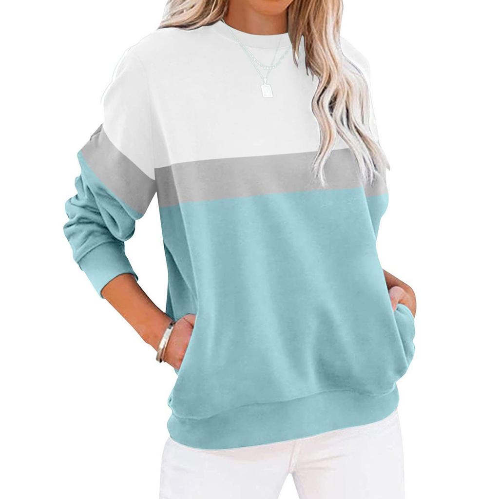 Women's Fashion Casual Long Sleeve Color Blocking With Pocket Pullover Sweatshirt Top
