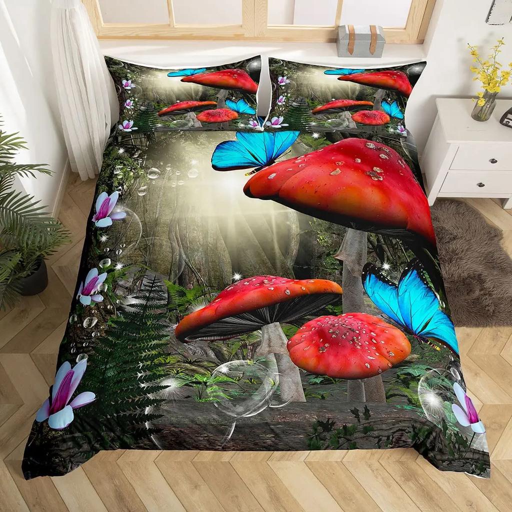 Mushroom Duvet Cover Set Burgundy Plant Fallen Leaves Bedding Set 2/3pcs For Boys Snail Print King Size Soft Comforter Cover