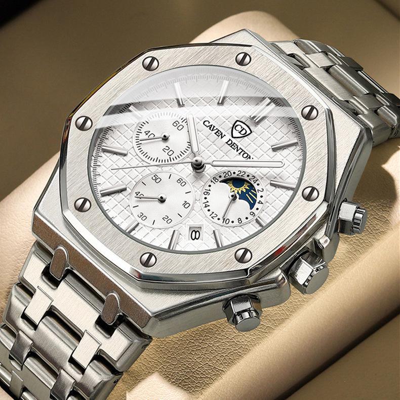 Высококачественные водонепроницаемые многофункциональные мужские часы с фазой Луны и стальным браслетом