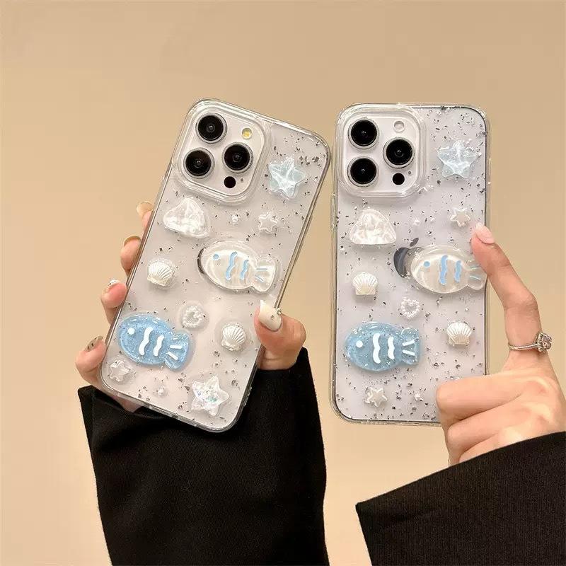Ocean Fresh Ins Style Mobile Phone Case for IPhone17 Shell Silver Foil Glitter for Apple15Promax Fish