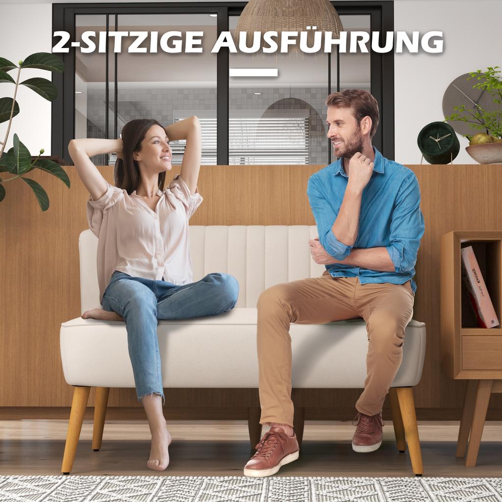 Sofa Retro Design 2-Seater Sofa, Wooden Legs, 117 cm x 56.5 cm x 77 cm, Cream White