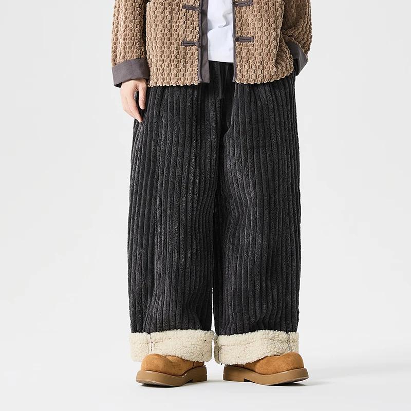 Men Corduroy Casual Fleece Pants Winter Men Cotton-Padded Trousers Man Thick Warm Wide Leg Straight Pants Male Leisure Pants