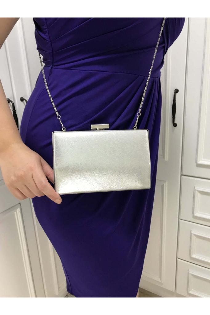 Women's Stylish and Useful Evening Dress Bag Silver Color Plaster Patterned Evening Dress Portfolio Clutch Women's Bag Handheld and Long Strap Usage
