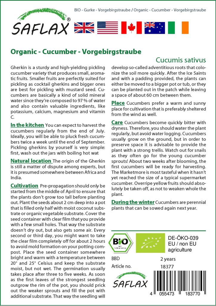 SAFLAX Garden in the Bag - Органический - Огурец - Vorgebirgstraube - 15 семян - С субстратом в подходящем стоячем пакете - Cucumis sativus