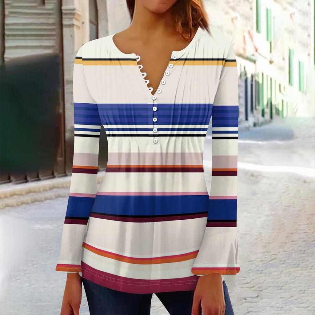 Женская плиссированная футболка на пуговицах с v-образным вырезом и длинными рукавами с цветочным принтом, топы