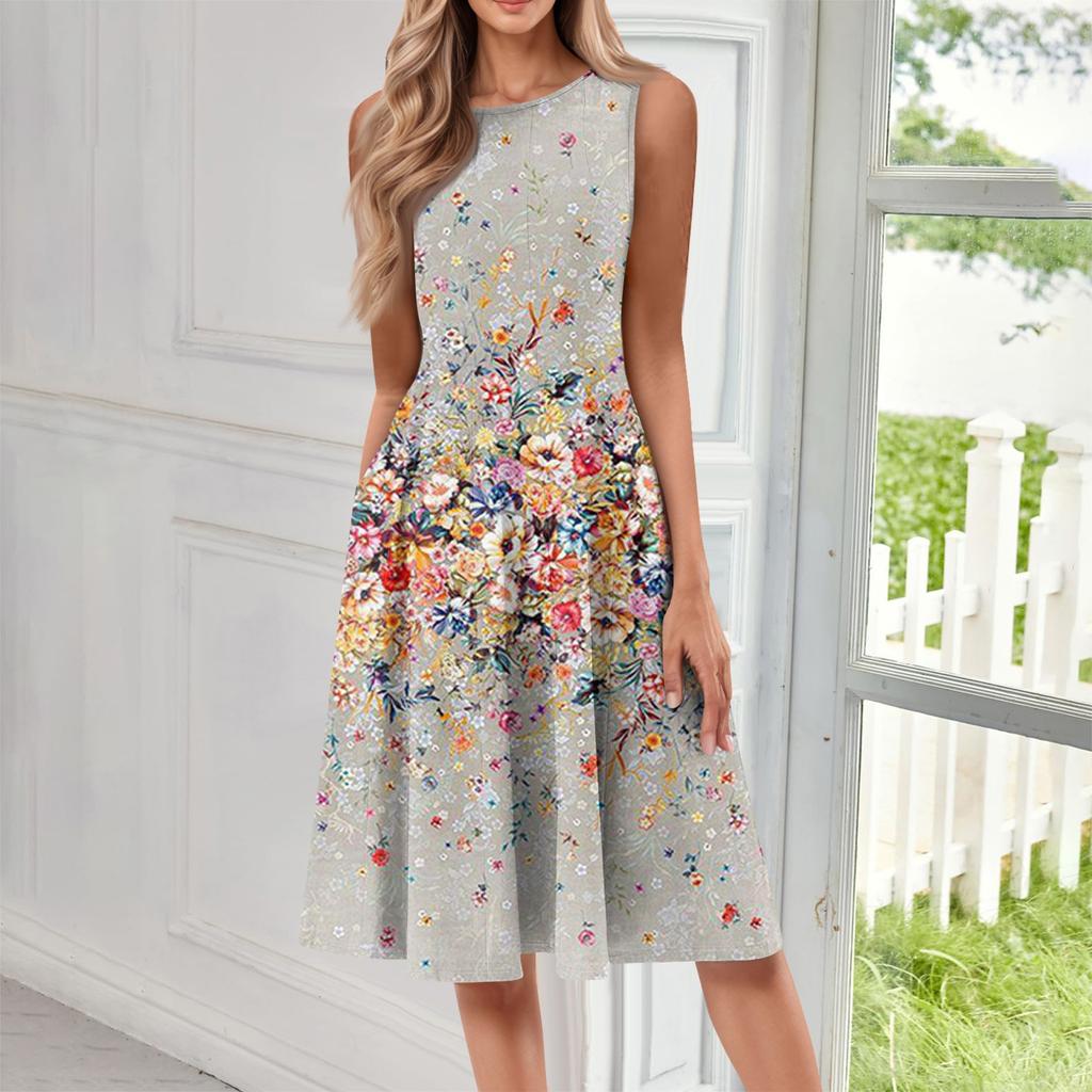 Женское повседневное и модное платье средней длины с круглым вырезом без рукавов и принтом