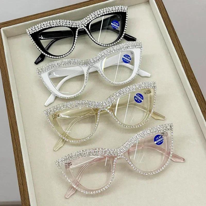 Мужские очки для дали с защитой от синего света, очки для чтения «кошачий глаз», инкрустированные бриллиантами, персонализированные роскошные женские очки для пресбиопии