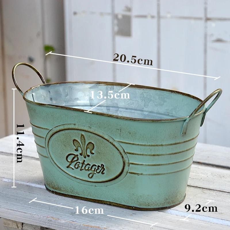 Double Handles Ellipse Iron Flower Pots Retro Style Garden Planting Tool Storage Bucket Florist Home Furnishing Vase Decoration