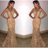 Платье с глубоким V-образным вырезом и золотыми пайетками, без рукавов, ажурное кружевное вечернее платье с открытой спиной, приталенное, с завязками на талии, длинное платье с рыбьим хвостом