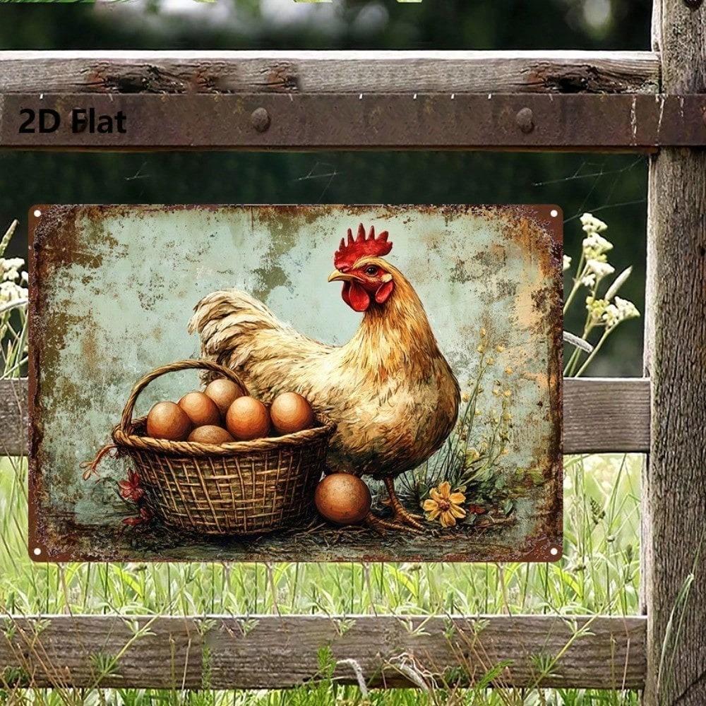 Винтажная металлическая табличка "Петух и яйца" 8x12 дюймов - Ретро farmhouse Железное искусство Настенный декор для дома Кухни Кафе