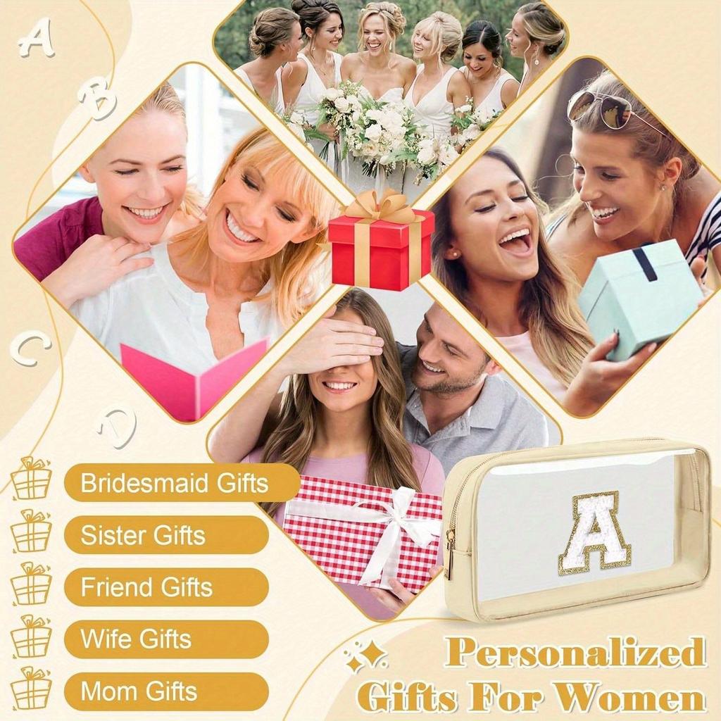 Маленькая прозрачная персонализированная косметичка с первой буквой, нашивка из шенилла A-Z, преппи нейлоновая косметичка на молнии, одобрено TSA