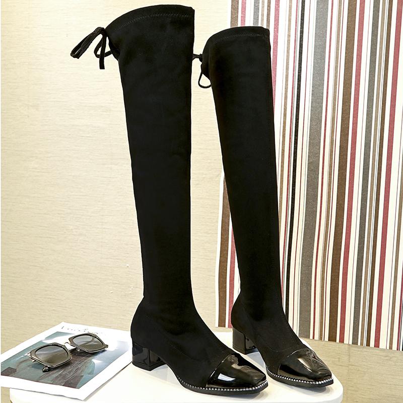 Замшевые сапоги выше колена, женские зимние ботинки, модная сексуальная женская обувь с ремешком, черные женские ботинки, женская обувь на остром квадратном каблуке