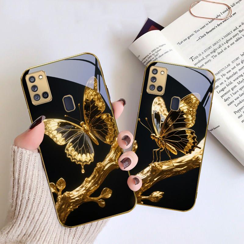 Бабочка на ветке Для Samsung A 31 32 A33 A34 35 14 A15 13 A16 25 26 50 52 53 54 55 56 70 71 72 73 Золотой стеклянный чехол для телефона