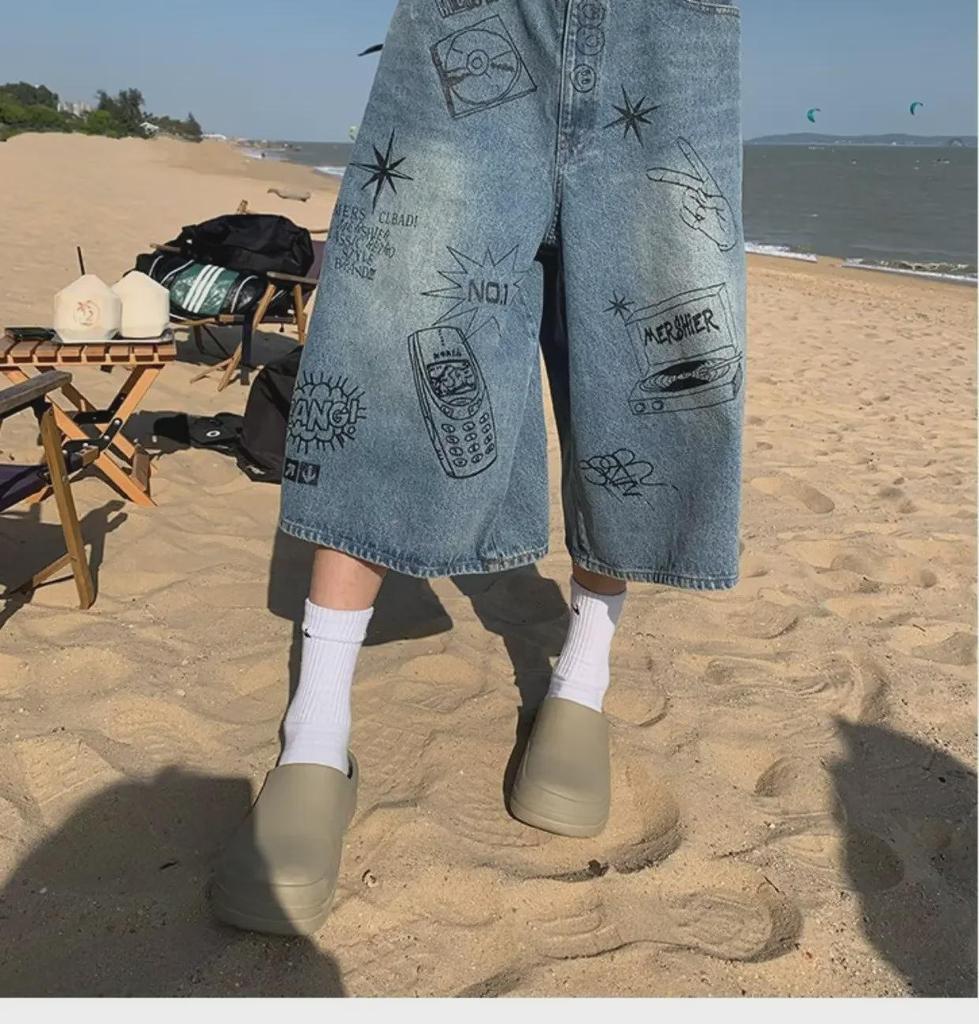 Мужские джинсовые шорты свободного покроя American Retro Graffiti — модные, свободные, 7-точечные, для лета