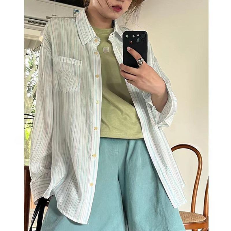 Элегантные повседневные рубашки с длинным рукавом для женщин, солнцезащитные, в стиле ретро, шикарные, в полоску, свободные женские блузки, топы, модные, простые, тонкие, с лацканами, женские рубашки, топы 26118