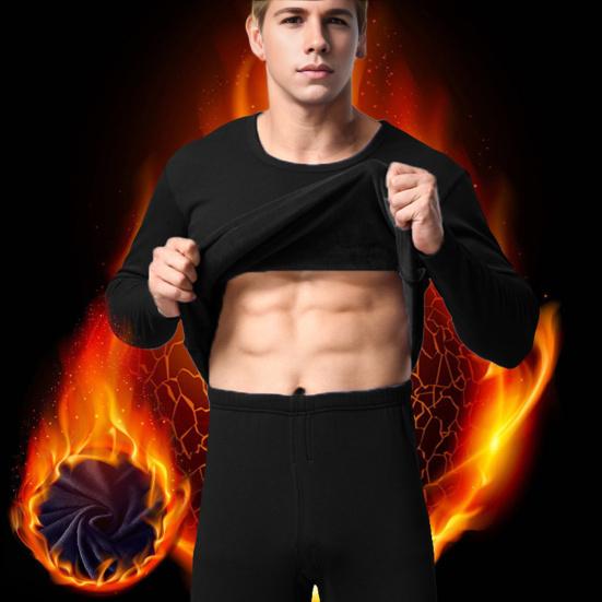 2Pcs/Set Men Warm Suit O-Neck Long Sleeve Tops Elastic Waist Long Pants Set Solid Color Plush Lining Pajamas Set