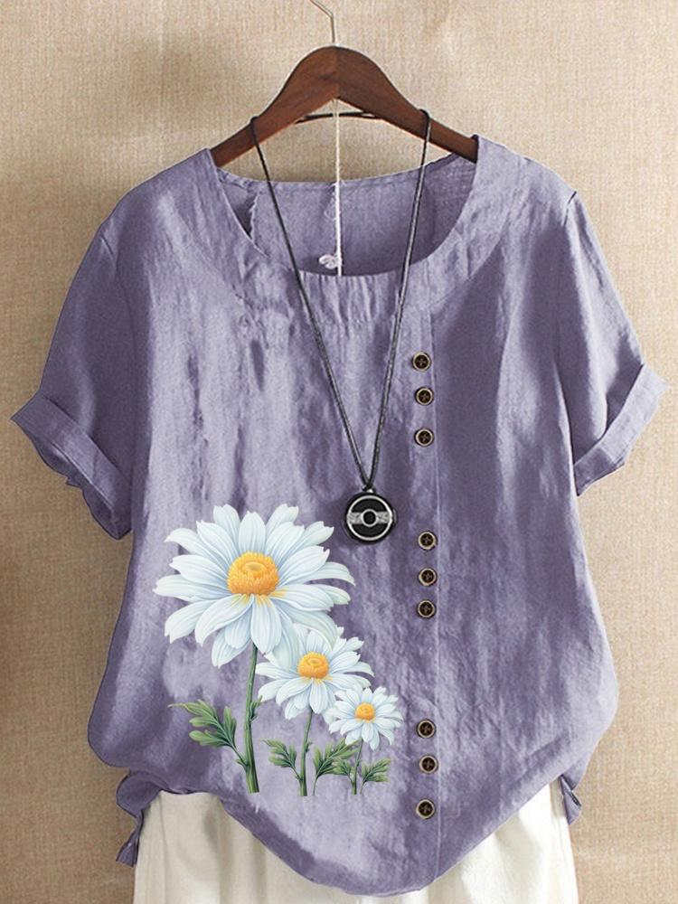 Women's Summer Round Neck Short Sleeve T-shirt Casual Cotton Linen Graphic Shirt Leisure Fashion Loose Daisy Prined Blouse Tops Plus Size