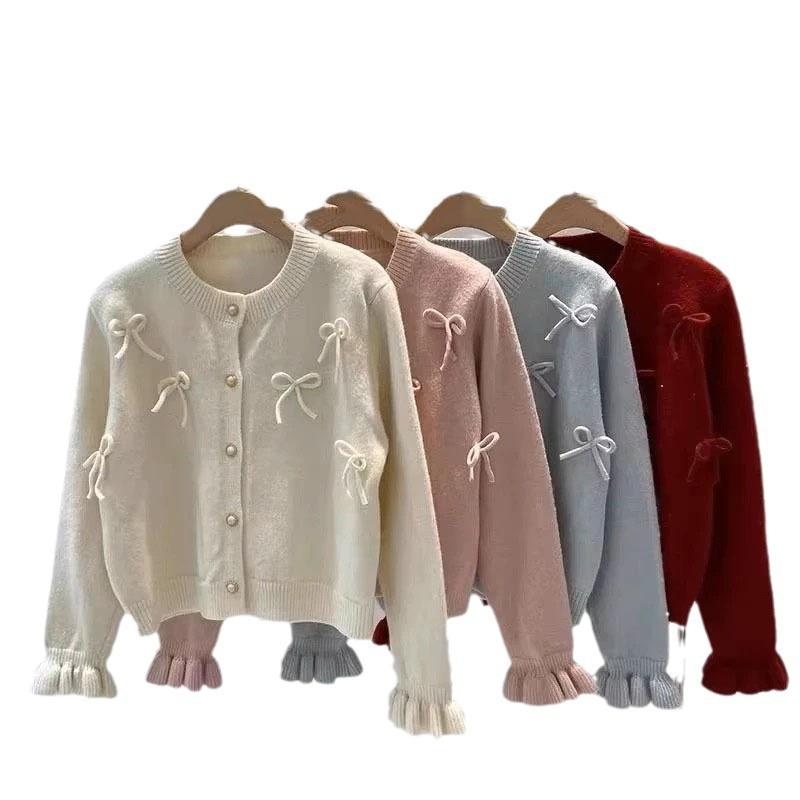 Корейский нежный и милый стиль трехмерный бант вязаный кардиган женский расклешенный рукав круглый вырез свитер куртка короткий топ