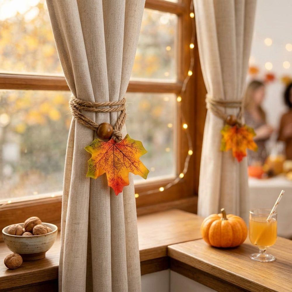 2Pcs Simulated Maple Leaf Autumn Curtain Hold Back Adjustable Fall Leaf Curtain Strap Thanksgiving