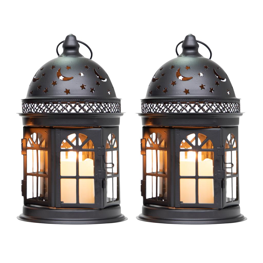 2Pcs Vintage Candle Holder Lantern Metal Hanging Candleholder for Indoor Outdoor Weddings Home Decor (Black)