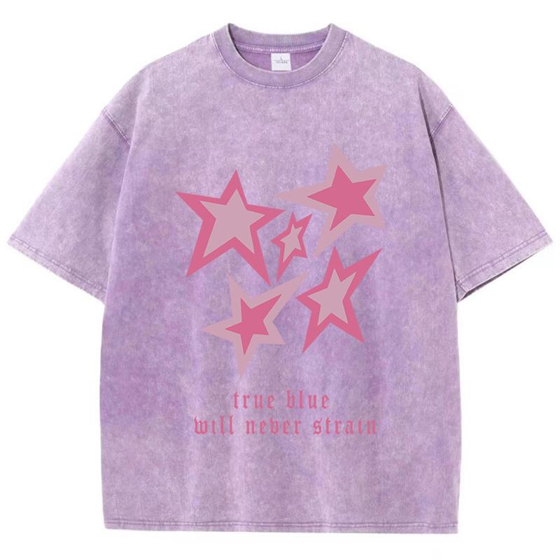 True Blue Will Neber Strain Cotton Washed T-Shirts Women Star Printed T Shirt Summer O-Neck Oversized Tops Casual Woman Clothes