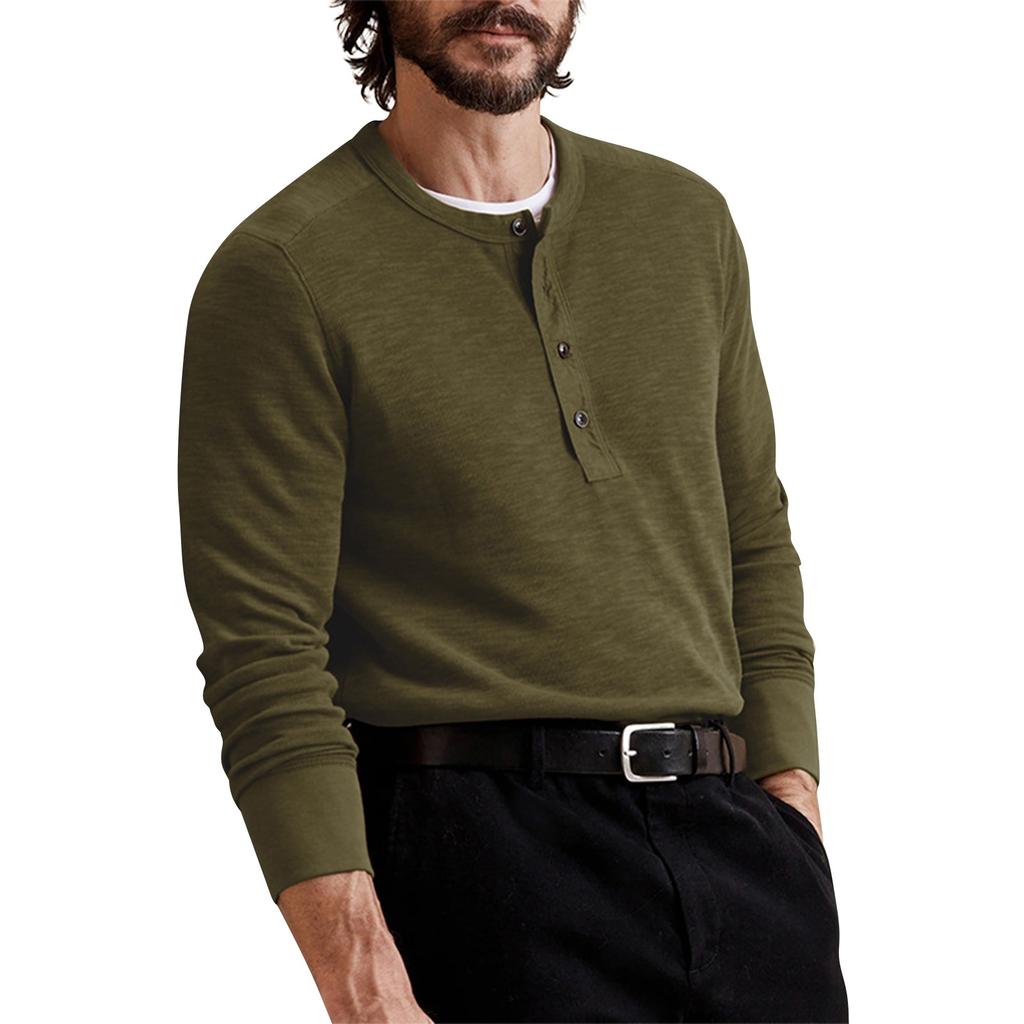 Men's Spring And Autumn Solid Color T-shirt Lapel 3 Button Open Placket Button Long Sleeved Top