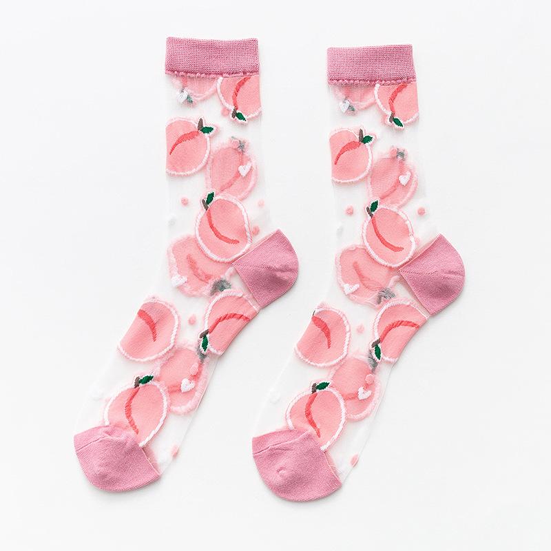 Женские тонкие прозрачные носки из хрустального стекла и шелка, милые летние сетчатые носки с фруктами: клубникой, авокадо, персиком и арбузом