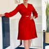 2025 Spring OL V-Neck Pleated High Waist Dress, European & American Style, African Fashion.