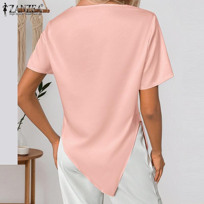 ZANZEA Women Elegant Cowl Neck Short Sleeve Irregular Hem Blouse