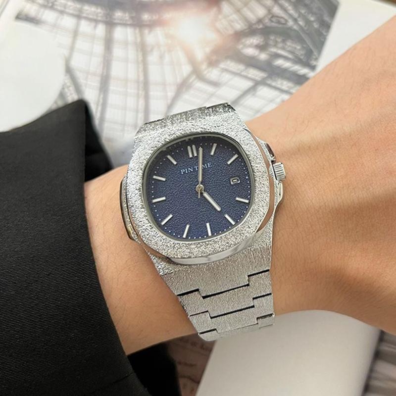 Матовая поверхность кварцевые часы мужские роскошные хип-хоп серебристо-голубые золотые часы мужские часы мужские Reloj Hombre Masculino