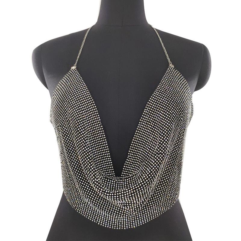 Ins Style, Nightclub Low Cut Backless Outfit, Sparkling Diamond, Chain Strap, Deep V-neck, Crop Top, Sexy Design