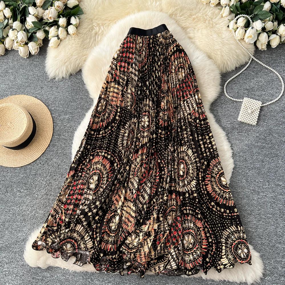 Весна Лето Женская Элегантная Юбка Макси с Принтом, Эластичной Талией и Плиссировкой для Пляжного Отдыха, Только Один Размер