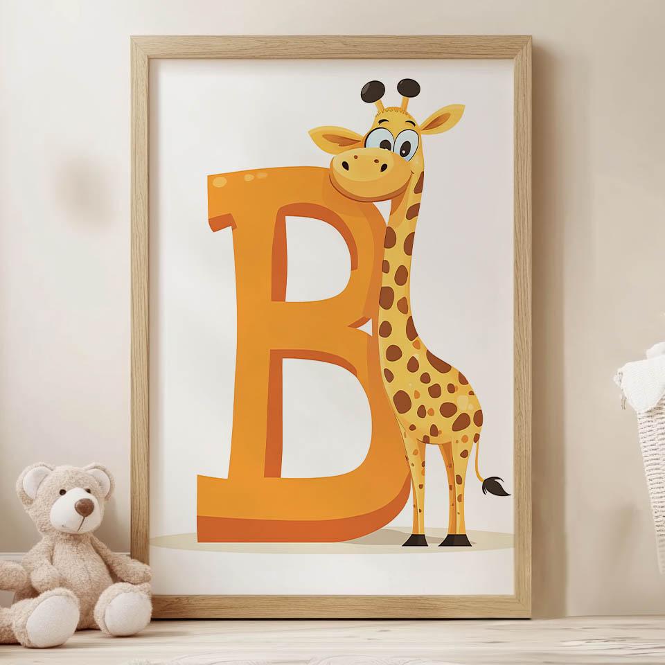 Plakat Śmiejąca Się Żyrafa Przy Literze B Plakat Śmiejąca Się Żyrafa Przy Literze B, 50X70 Cm, Rama Aluminiowa Złota, Papier Matowy 230 Gsm