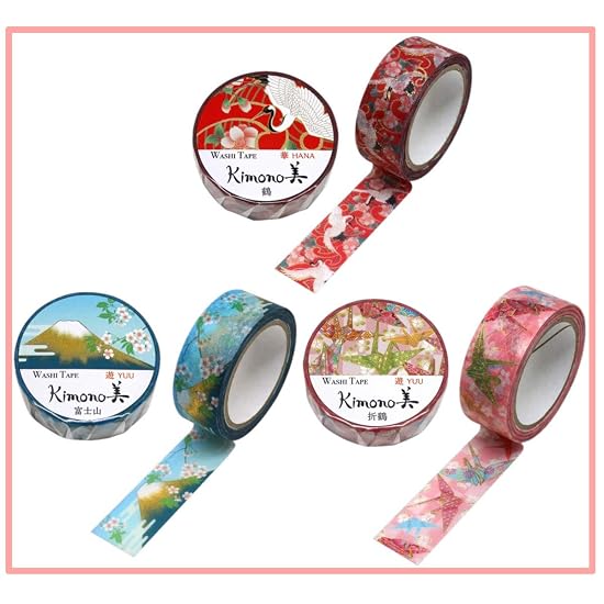 Kamiiso Маскировочная лента Washi "kimono-bi", набор из 3 рулонов, сделано в Японии (Журавль, Оригами-журавль, г.. Фудзи) Широкий