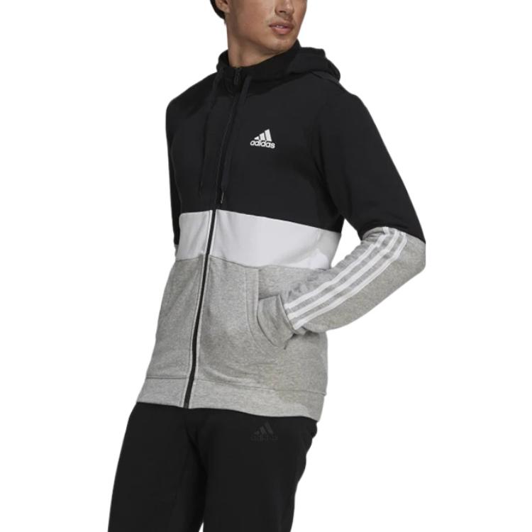 Adidas Colorblock Three-Stripe Print Logo Zip Hoodie Jacket Men Jackets Black GV5244
