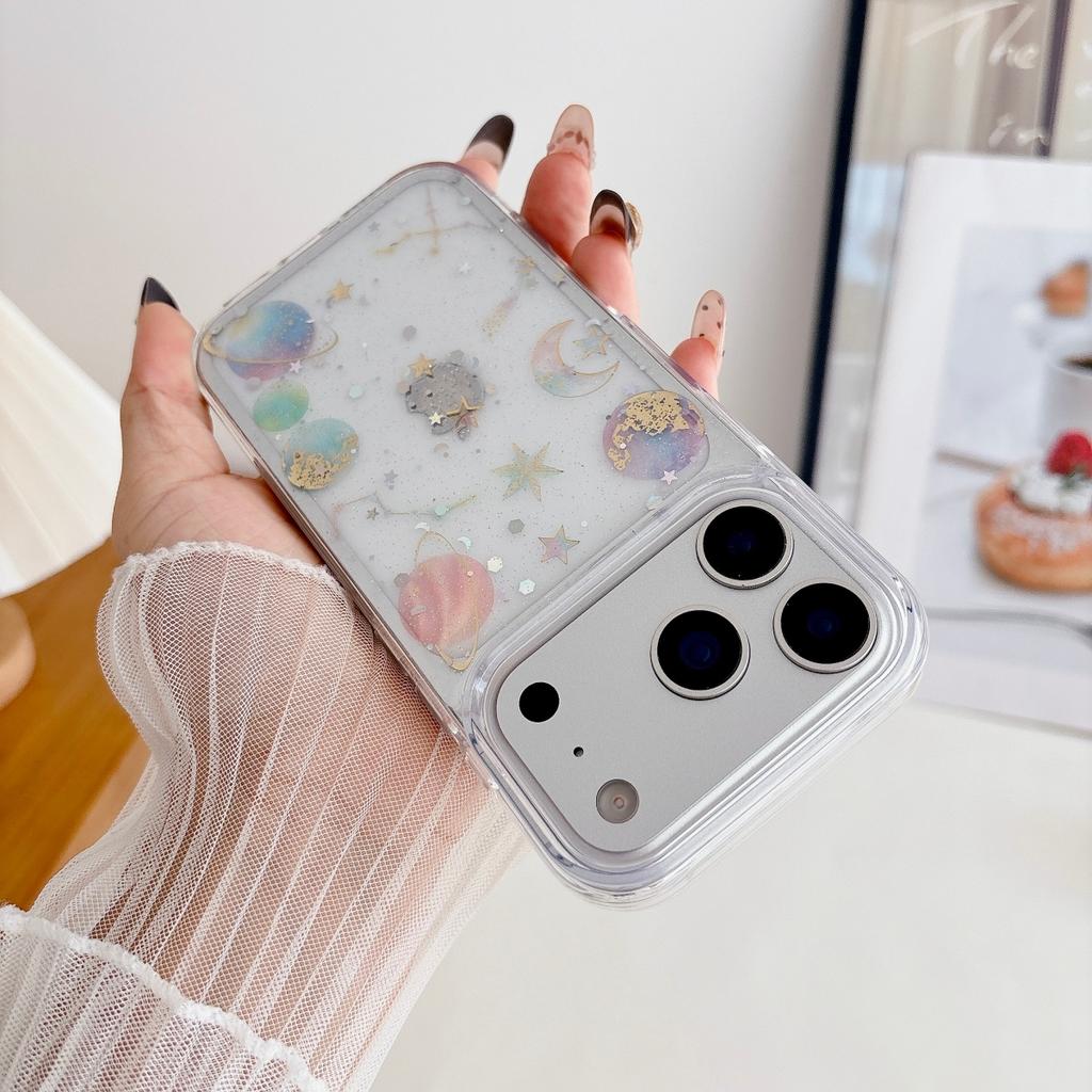 Прозрачный Глиттерный Градиентный Чехол Планета Звезда Для iPhone 17 Air 16 15 14 13 12 11 Pro Max Plus Ударопрочный Блестящий Лунный Прозрачный Чехол
