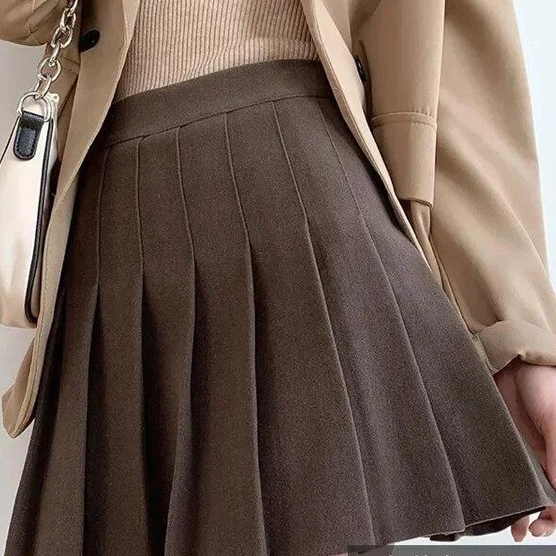 Модная однотонная юбка трапециевидной формы с высокой талией, осень-зима, элегантная утепленная шерстяная мини-юбка, женские модные плиссированные юбки 30279