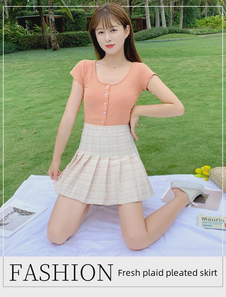 2025 Женская юбка-трапеция в клетку с высокой талией в корейском стиле в складку - летняя короткая юбка-солнцезащита