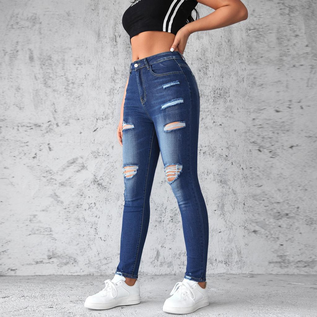 Women's Jeans Stretch Hole Jeans Skinny Lift Hip Pant High Waist Washed Trousers