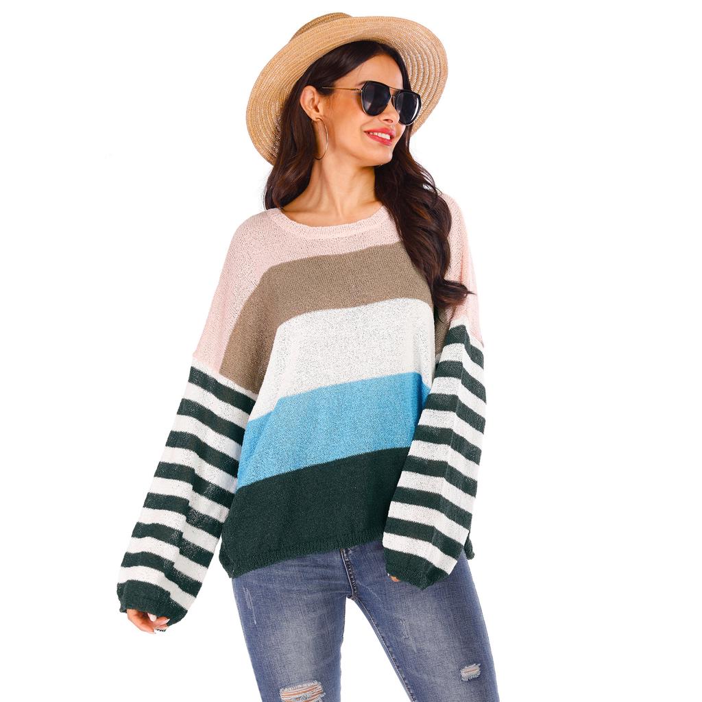 Женский свободный повседневный свитер в полоску в стиле пэчворк на осень и зиму