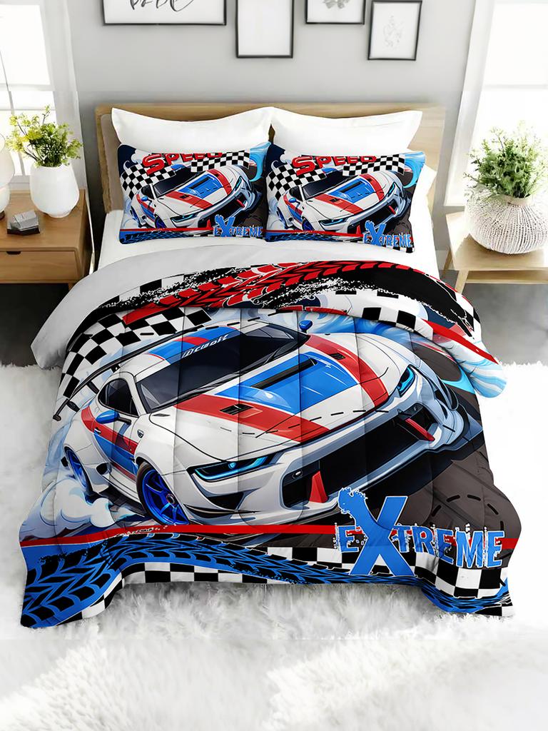 3PC Racing Car Comforter Set Modern Sports Car Duvet Collection with 2 Pillowcases for Bedroom Or Guest Room Decor