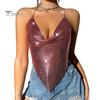 Women Sequin Sling Tops Halter Sleeveless Backless Short Vest with Metal Chain Laces And Swing Collar Sexy Camisole
