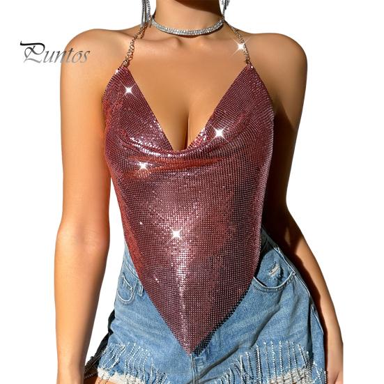 Women Sequin Sling Tops Halter Sleeveless Backless Short Vest with Metal Chain Laces And Swing Collar Sexy Camisole