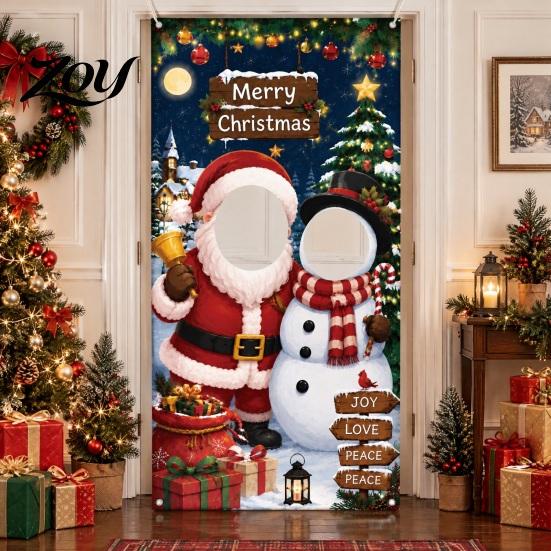 Winter Party Decoration Backdrop Christmas Photo Banner with Face Cutout Decorations, Santa Snowman Holiday Portrait Photography Background Backdrop,