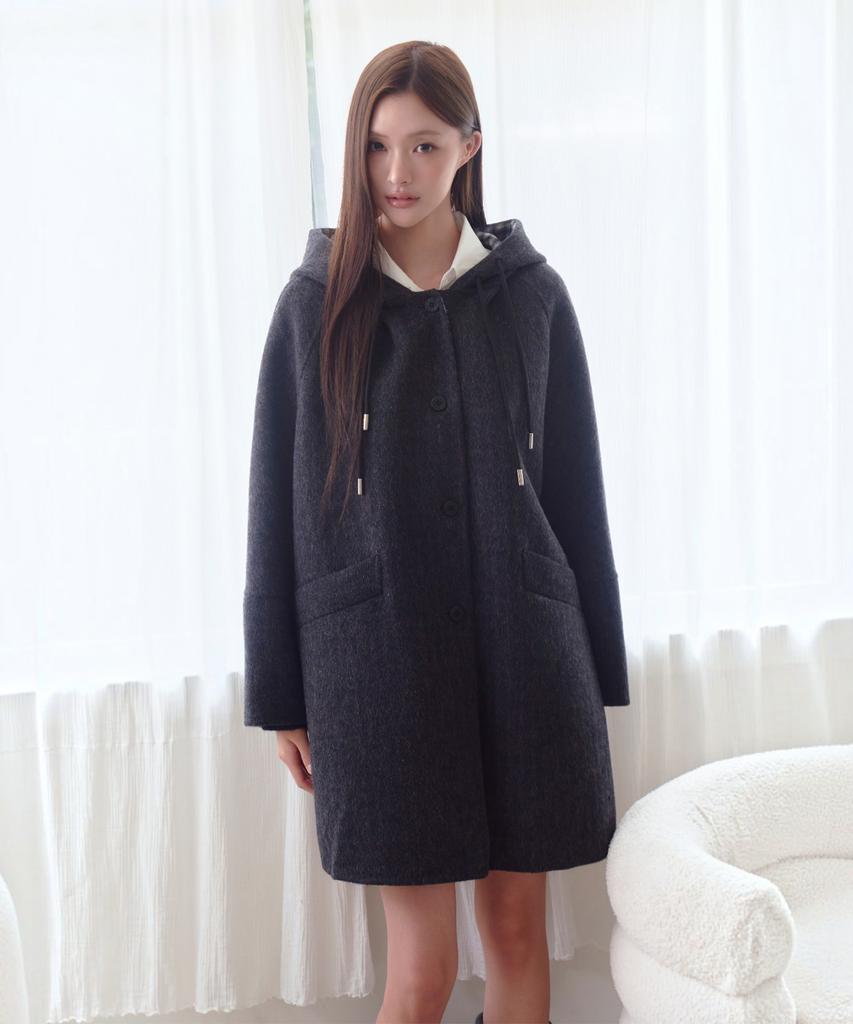 THE GREEN LAB Check Color Block Hooded Half Coat [Charcoal Gray]