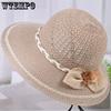 Female Solid Color Spring Summer Foldable Sunscreen Hats Wide Brim Travel Beach Breathable Sun Hats with Flower Bow