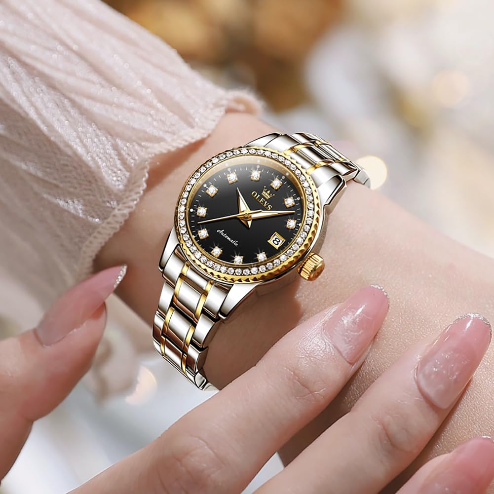 Женские механические часы OLEVS, автоматические, симпатичные, женские часы, водонепроницаемые, сияющие, с бриллиантами, женские часы с датой, черные