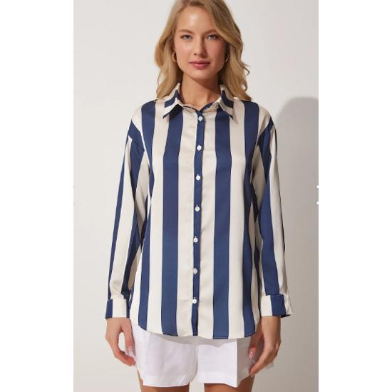 Women's Navy Blue Cream Striped Satin Shirt