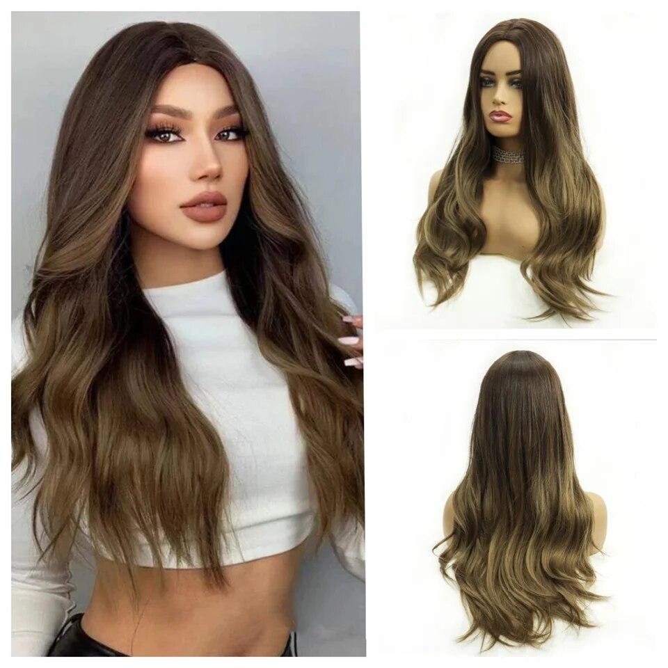 Длинные коричневые синтетические парики с эффектом омбре для женщин, волнистые парики из натуральных волос, средняя часть, женский парик, косплей, термостойкие волокна, парики