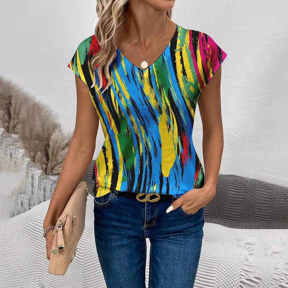 Женская футболка с v-образным вырезом, 3D граффити, абстрактный принт, свободные повседневные топы с короткими рукавами, модные летние женские жилеты, футболки больших размеров